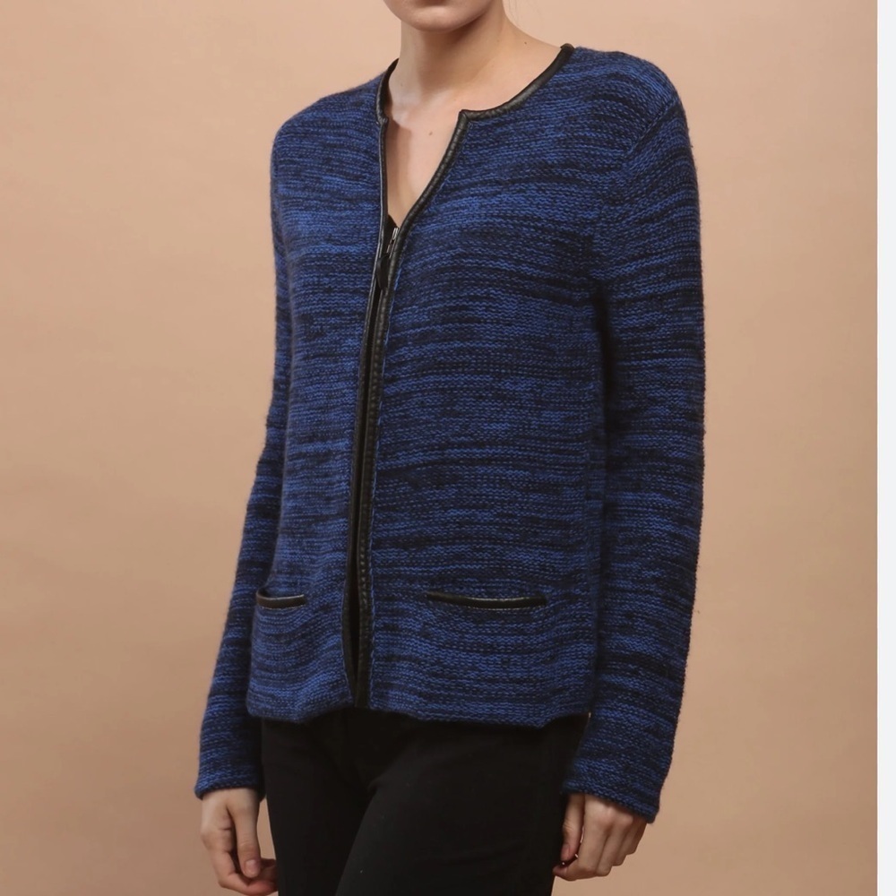 Zoe Couture Cashmere Leather Piping Pocket Zip Cardigan Medium Knit| $450 Retail